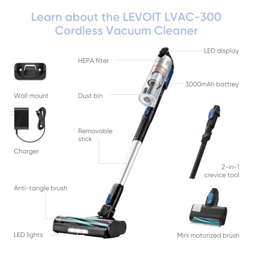 LEVOIT Cordless Vacuum Cleaner, Stick Vac with Tangle-Resistant Design, Up to 50 Minutes, Powerful Suction, Rechargeable, Lightweight, and Versatile for Carpet, Hard Floor, Pet Hair, LVAC-200