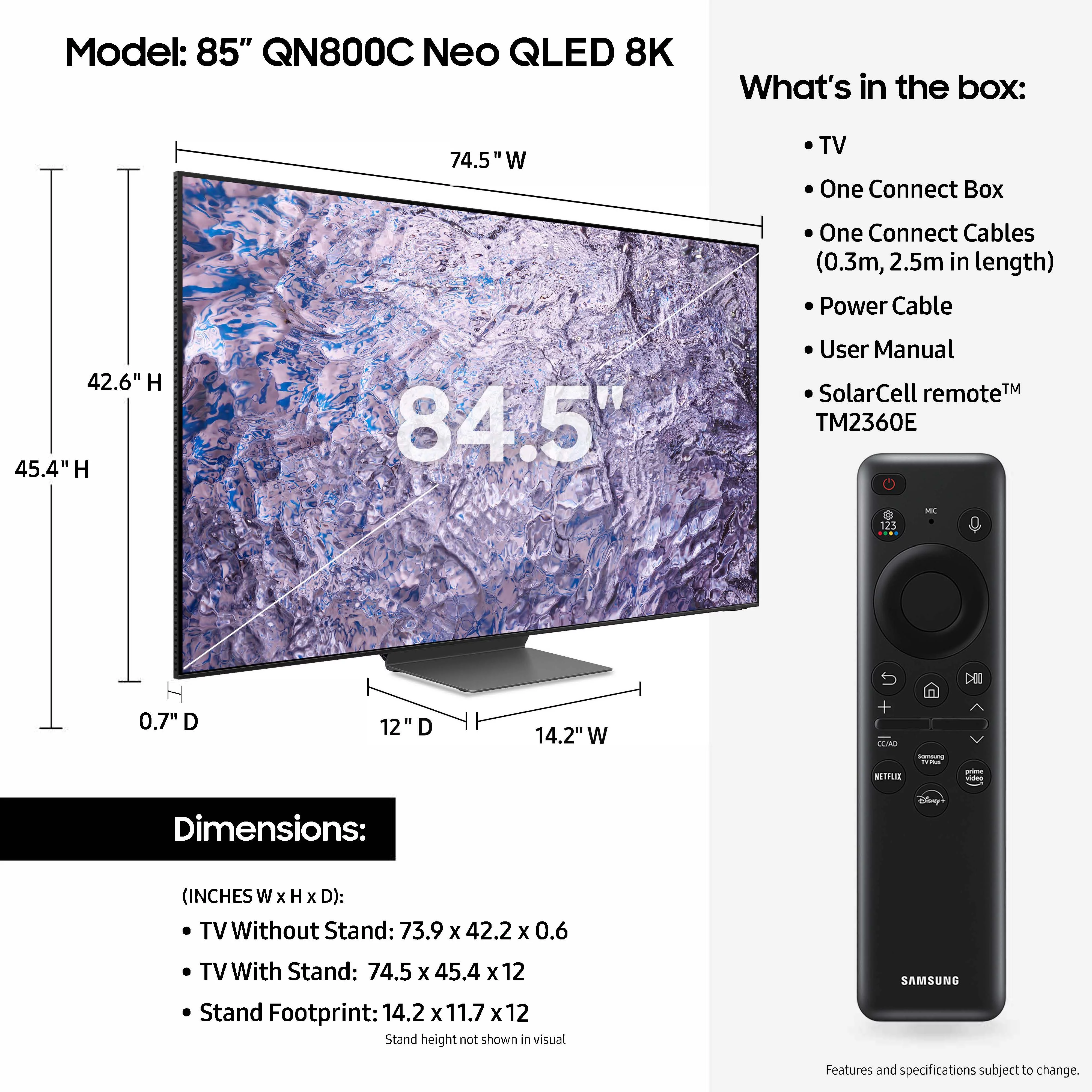 Samsung QN85QN800CFXZA 85-inch Neo QLED 8K Smart TV with Dolby Atmos with Walts TV Full Motion Mount and Screen Cleaner Kit (2023)
