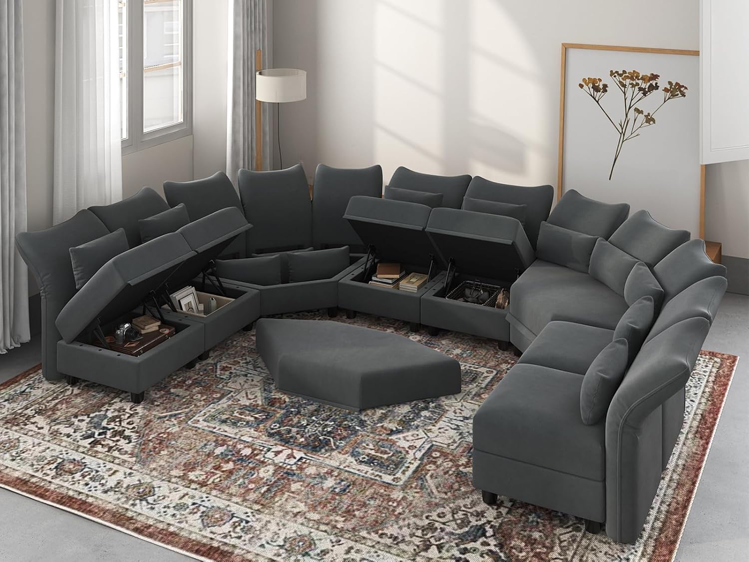 LLappuil Velvet Modular Sectional Sofa, 163.4" Oversized 8-Seater U Shaped Sectional Couch with Big Corner Ottoman, High Back Modular Couches with Storage Chaise for Living Room, Anti-Scratch Grey