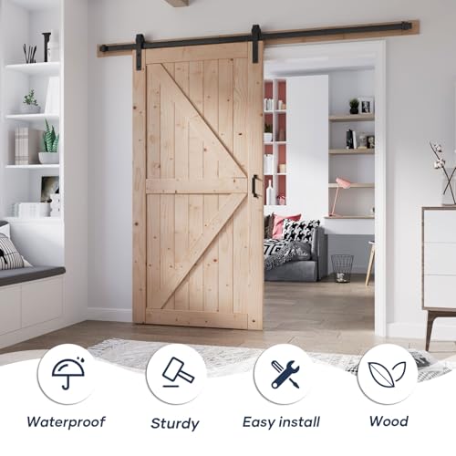 FREDBECK 48in x 80in Sliding Wood Barn Door with 8FT Barn Door Hardware Kit Included K Shape Solid Spruce Panel Sliding Door Double Surfaces Need to Assembly