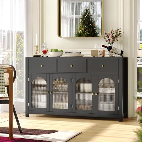 FINETONES Buffet Cabinet with Storage, 55.1" Large Sideboard Buffet Farmhouse Kitchen Cabinet with 3 Drawers and 4 Doors, Wood Coffee Bar for Kitchen, Black