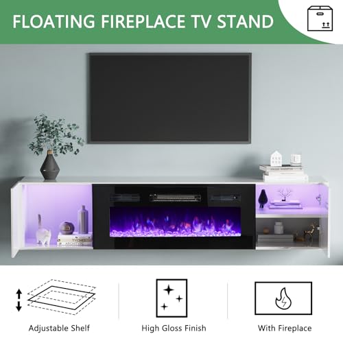 AMERLIFE High Gloss Living Room Entertainment Center with LED Lights, Including Floating Fireplace TV Stand with 40" Electric Fireplace & 2 Bookcases with Glass Doors, All White