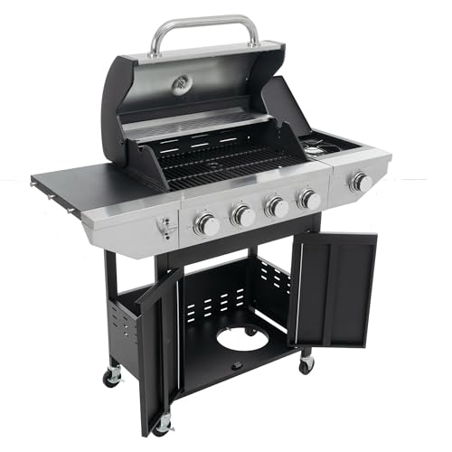 4 Burner Gas Grill with Side Burner, Stainless Steel Propane Grill 46700 BTU Output, Gas BBQ Grill Built in Thermometer, Cabinet Style, Ideal For Outdoor Patio Garden Picnic Backyard Cooking
