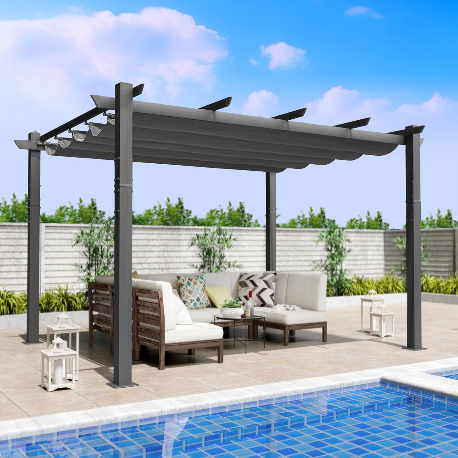 Kozyard Morgan Outdoor Retractable Pergola with Sun Shade Canopy Patio Aluminum Pergola Shelter for Backyard Deck Garden Modern Metal Grill Gazebo(10' x 12', Gray)