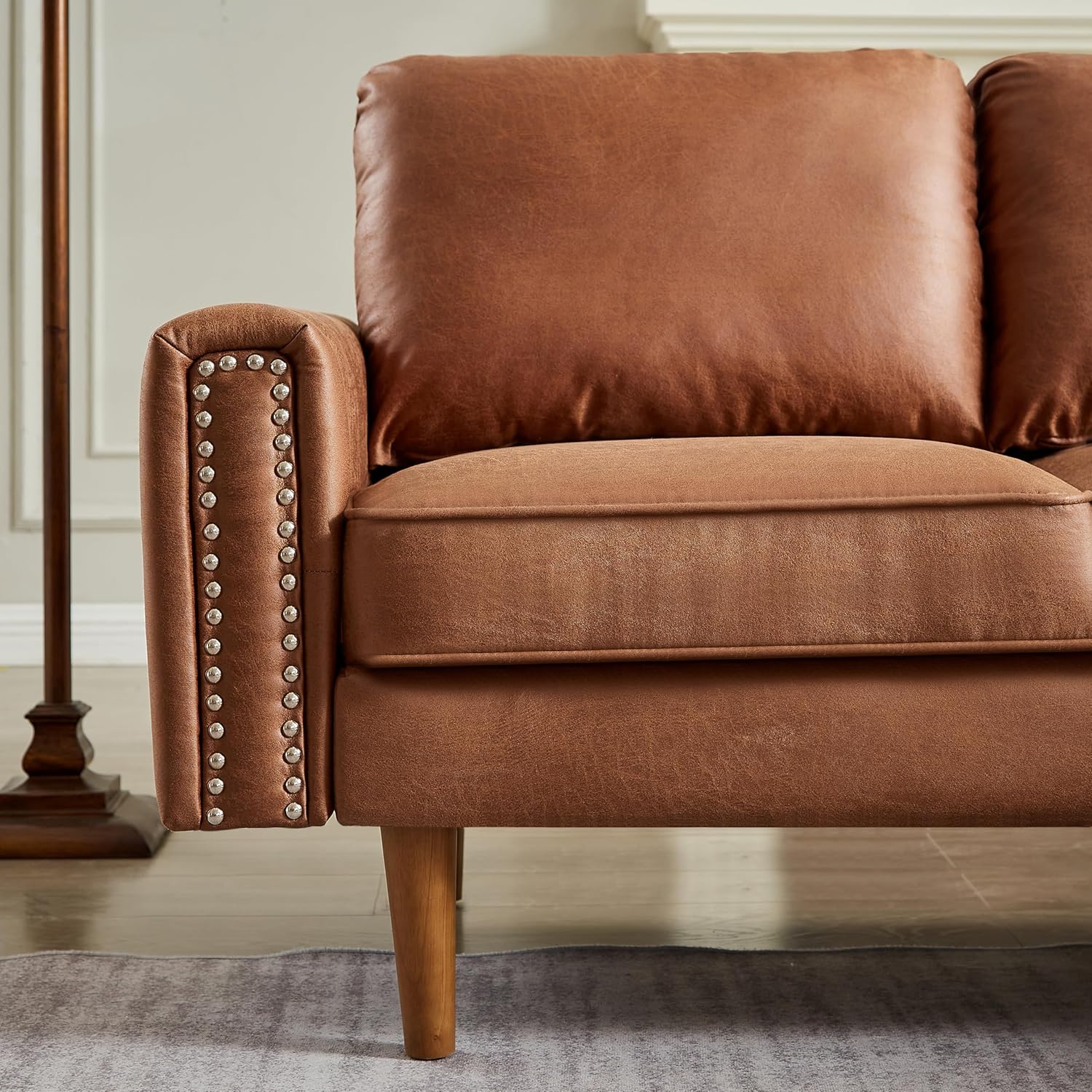 Lifeand 82.2" L-Shape Sofa Couch with Chais Mid-Century Copper Nail on Arms,Strong Wooden Leg and Suede Fabric Design,Left Chaise, Brown