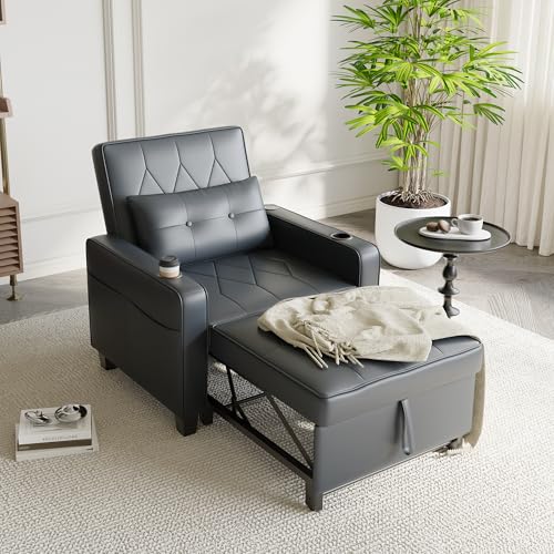 3-in-1 Convertible Sofa Chair Bed, Pull Out Leather Recliner Sleeper Sofa Chair Bed Couch with Cup Holders, USB & Type C Port,Side Pockets, Perfect for Living Room,Bedroom,Office (Black)
