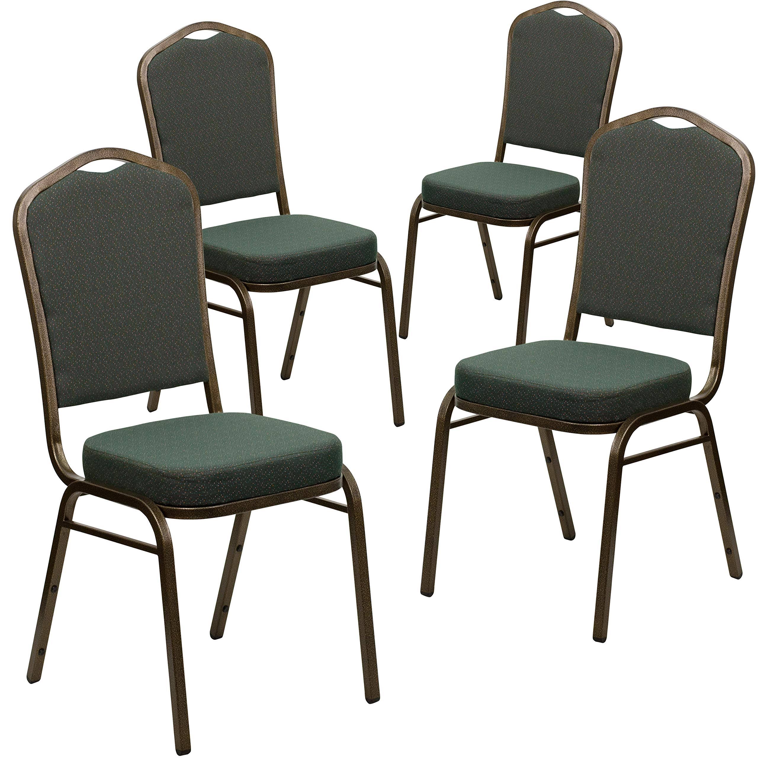 4 Pk. Hercules Series Crown Back Stacking Banquet Chair Green Patterned Fabric/Gold Vein Frame