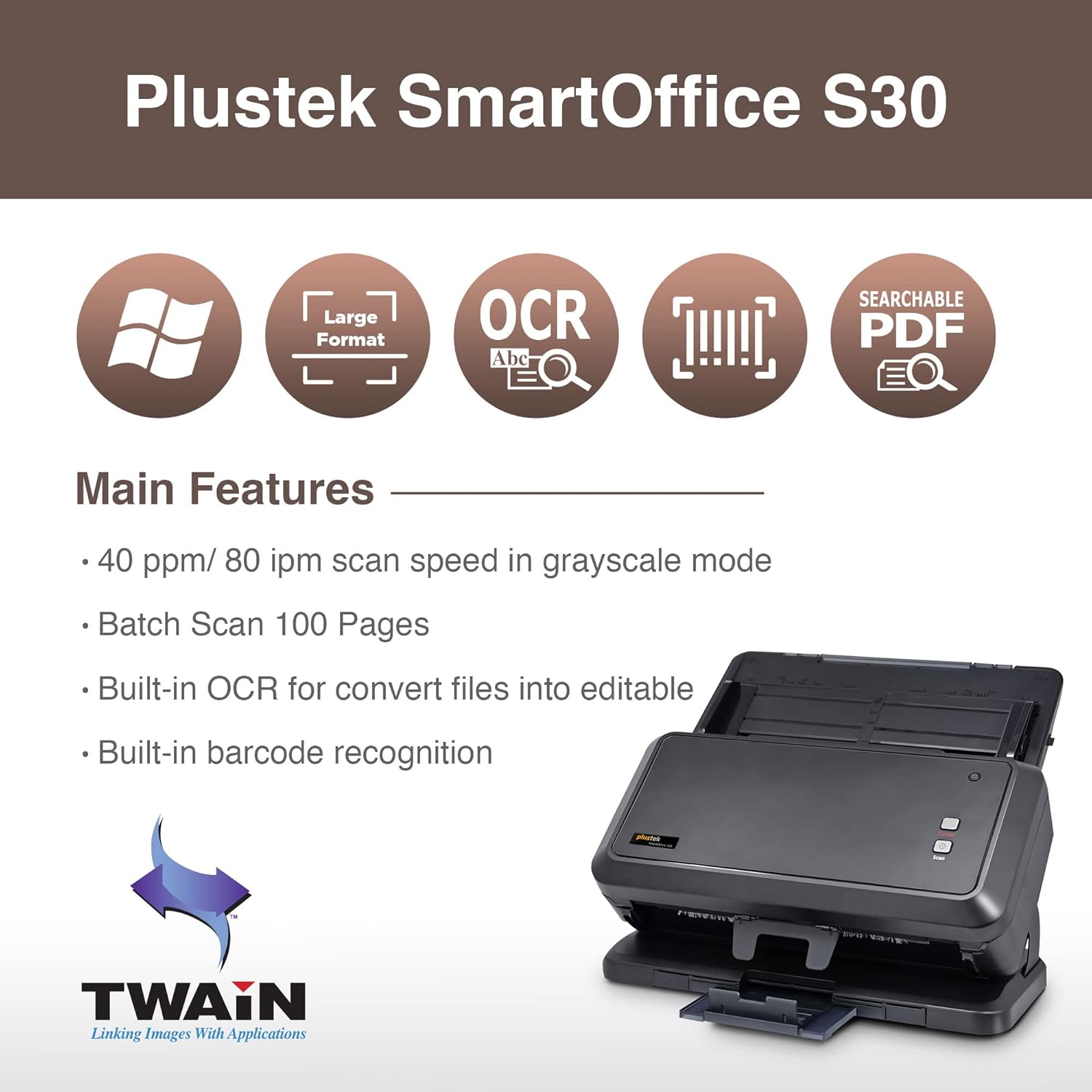 Plustek SmartOffice S30 High Speed A3 Large Format Duplex Document Scanner, with 100-page Auto Document Feeder (ADF). Scan 12” x 17” size or legal-size document