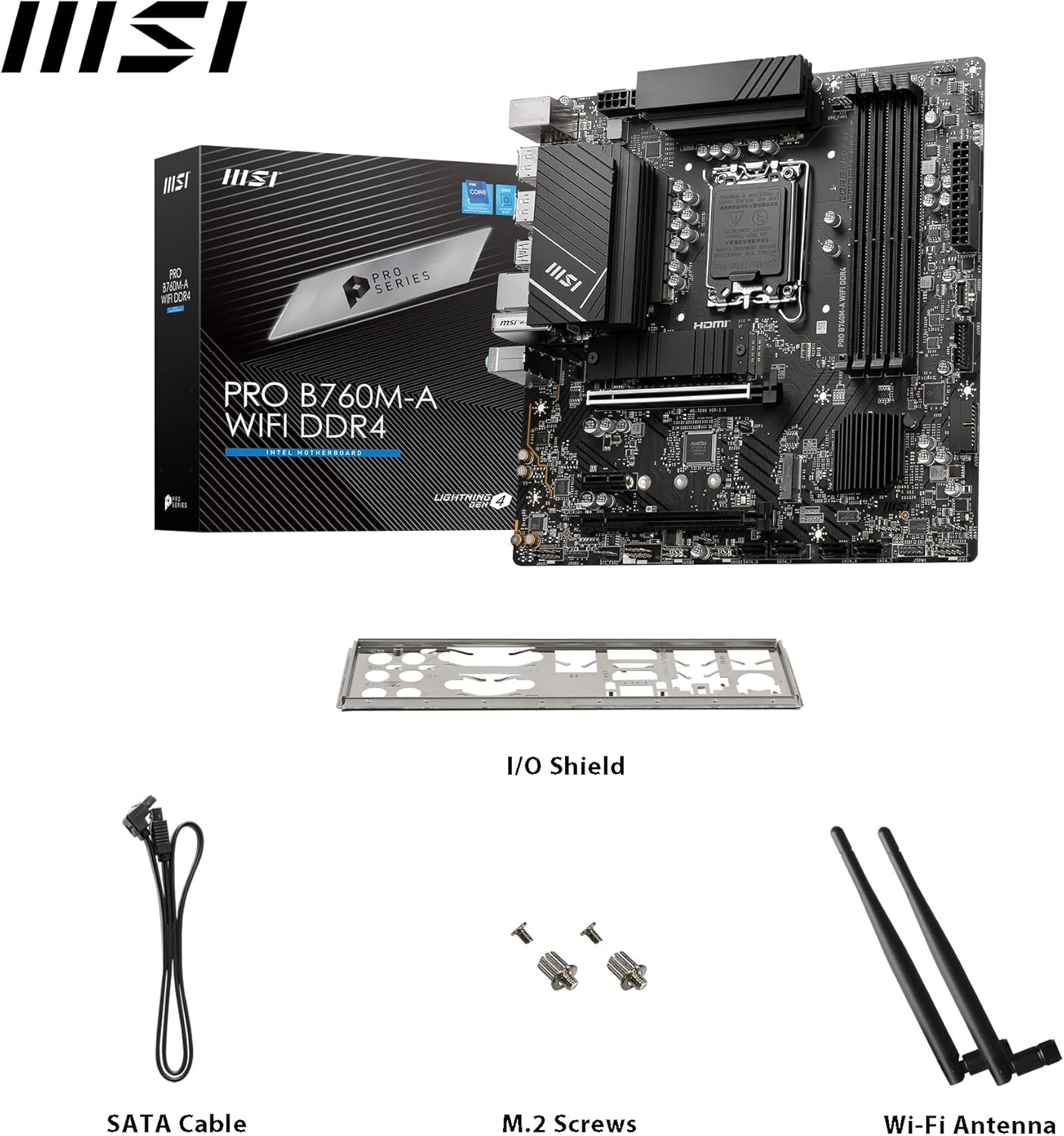 MSI PRO B760M-A WIFI DDR4 mATX Motherboard, 4x DDR4~128GB, 2x PCI-E x 16, 1x PCI-E x 1, 2x M.2, 4x SATA, 4x USB 3.2 , 2x USB 2.0