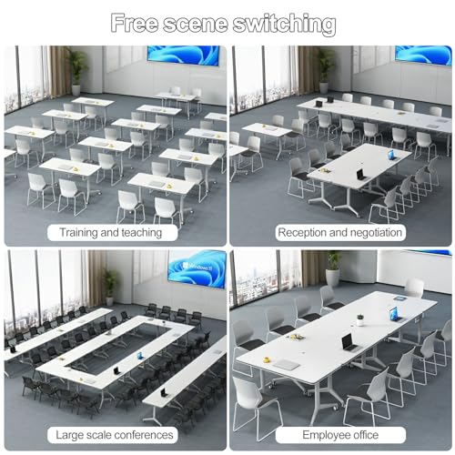 4Pcs White Conference Table, Foldable Meeting Tables, 140CM Conference Training Rooms Flip Top Mobile Training Table, Rolling Meeting Table with Caster Wheels, Suitable for Office,classr(4Pcs-180CM)