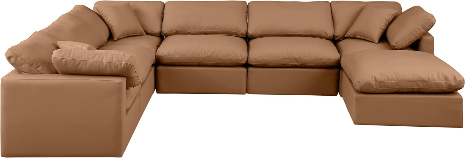 Meridian Furniture Indulge Collection Modern | Contemporary Sectional with Soft Durable Vegan Leather, Fiber-Filled Cushions, Modular, 140" W x 105" D x 32" H, Cognac