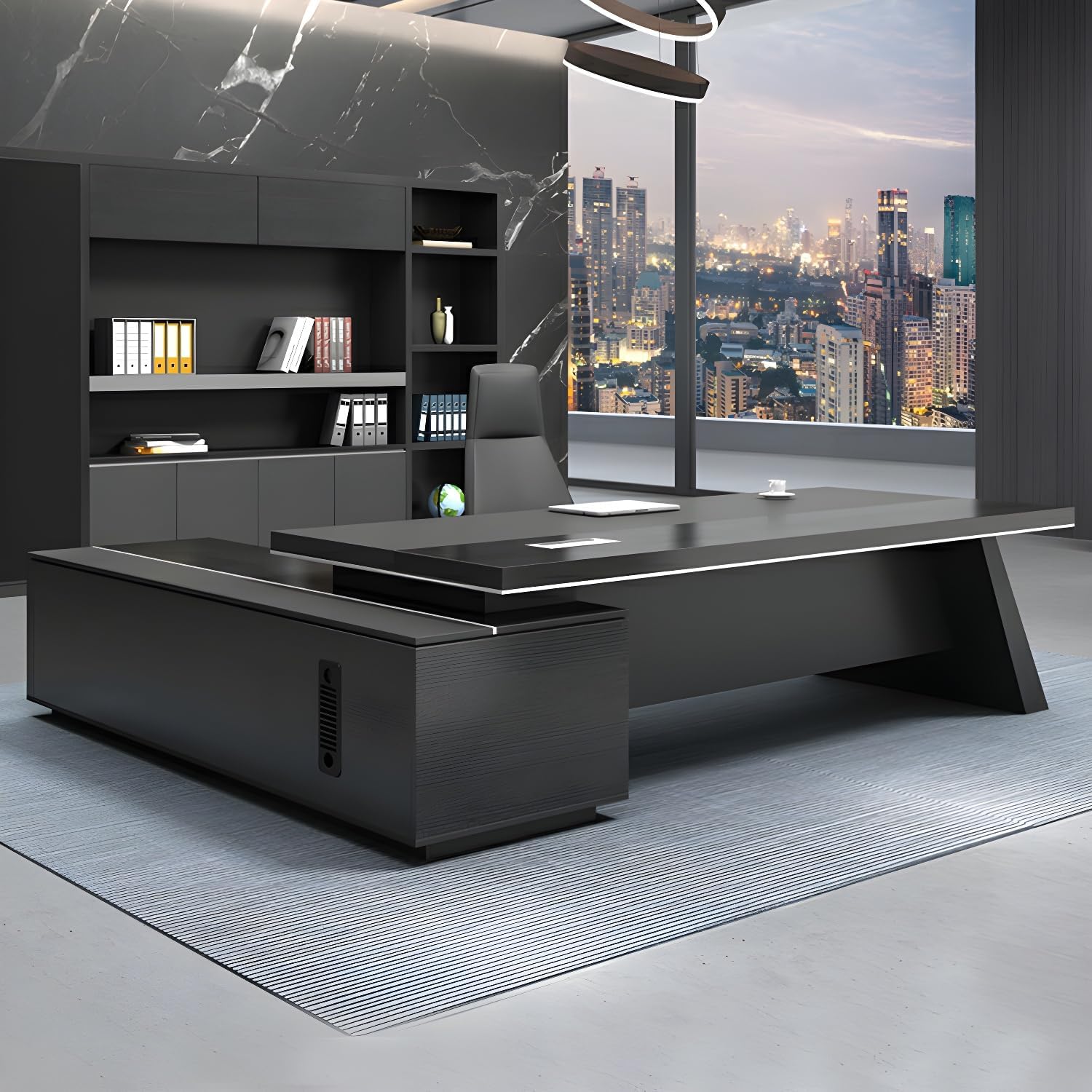 Black L-Shape Office Desk with Cabinet for Boss Supervisor Manager, Wood L Shaped Executive Desk Reception Desks for Home Office, Engineered Wood Writing Working Table Study Desk
