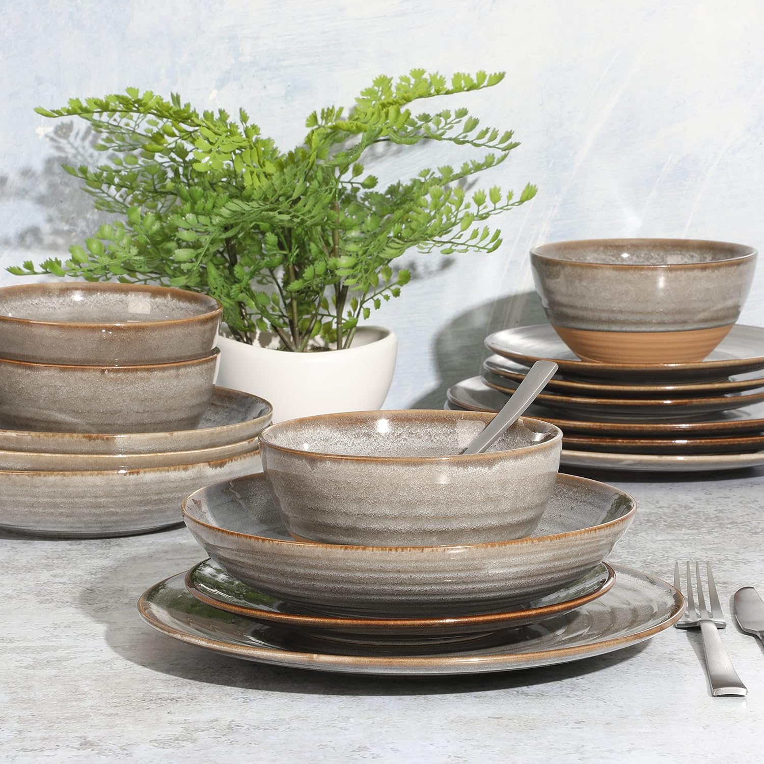 16 Piece Double Bowl Dinnerware Set: Double Your Dining Delight Stoneware Matte Gray Service for 4 Dessert plates