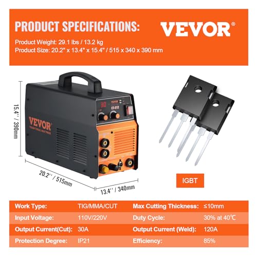 VEVOR 3 in 1 Plasma Cutter Welder Machine, CT-312 TIG/MMA Plasma Cutter Combo Machine, 30A Plasma Cutter, 120Amp TIG Welder and 120A Stick Welder, Digital 110/220V Dual Voltage IGBT Inverter