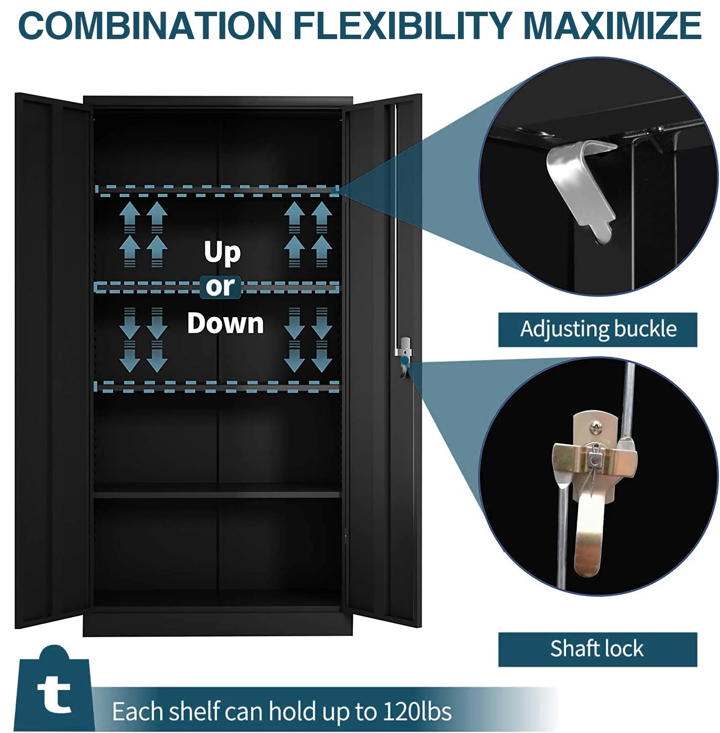 GangMei Industrial Metal Garage Storage Cabinet, Large Space Steel Utility Cabinets with 4 Adjustable Shelves & Locking Doors, Assembly Required（Black, 71 inches Tall ）