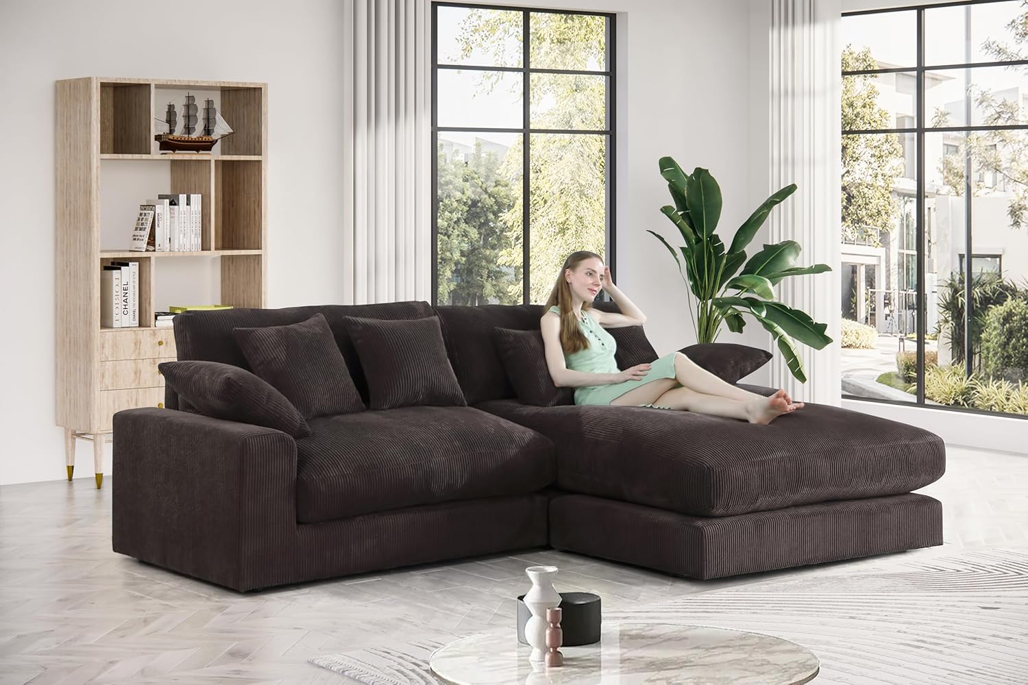 Feather Filled Deep Seat Reversible Sectional Sofa with Extra Wide Chaise Lounge , L Shaped Oversized Corduroy Upholstered Corner Couch Convertible Sleeper Sofabed 3 Pieces Sets for Living Room Office