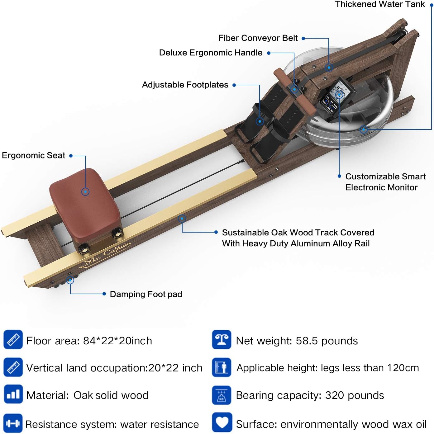 Mr. Captain Rowing Machine for Home Use,Water Resistance Vintage Oak Rower with Bluetooth Monitor