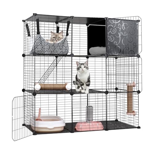 4-Tier Cat Cage with Storage Cubes, Large Cat Cages Indoor with Litter Box, DIY Metal Wire Cat Enclosure Playpen Kennels Crate Catio with Hammock, Cat Bed, Scratcher, Bowl for 1-3 Cats