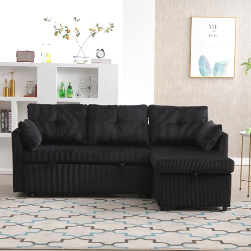 Convertible Sofa Bed Sleeper, 3 Seater L-Shaped Sleeper Sectional Sofa with Storage Chaise, Comfy Corduroy Couch, Upholstered Pull Out Sofa Bed for Living Room, Beige