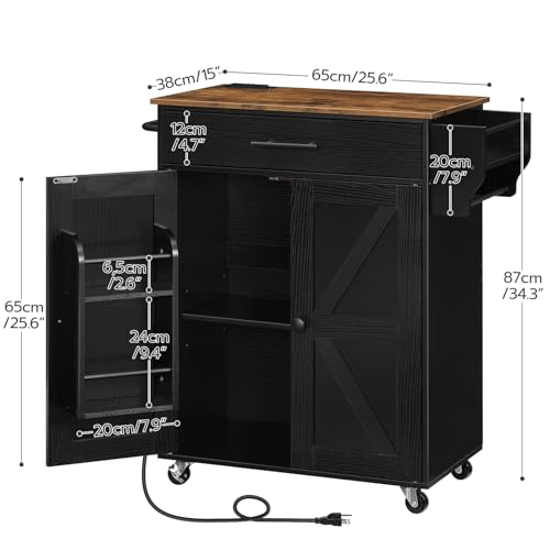 HOOBRO Kitchen Island with Power Outlet, Kitchen Island Storage Island with Large Worktop, Spice Rack and Drawer, Rolling Kitchen Cart on Wheels, for Kitchen and Dining Room, Rustic Brown and Black