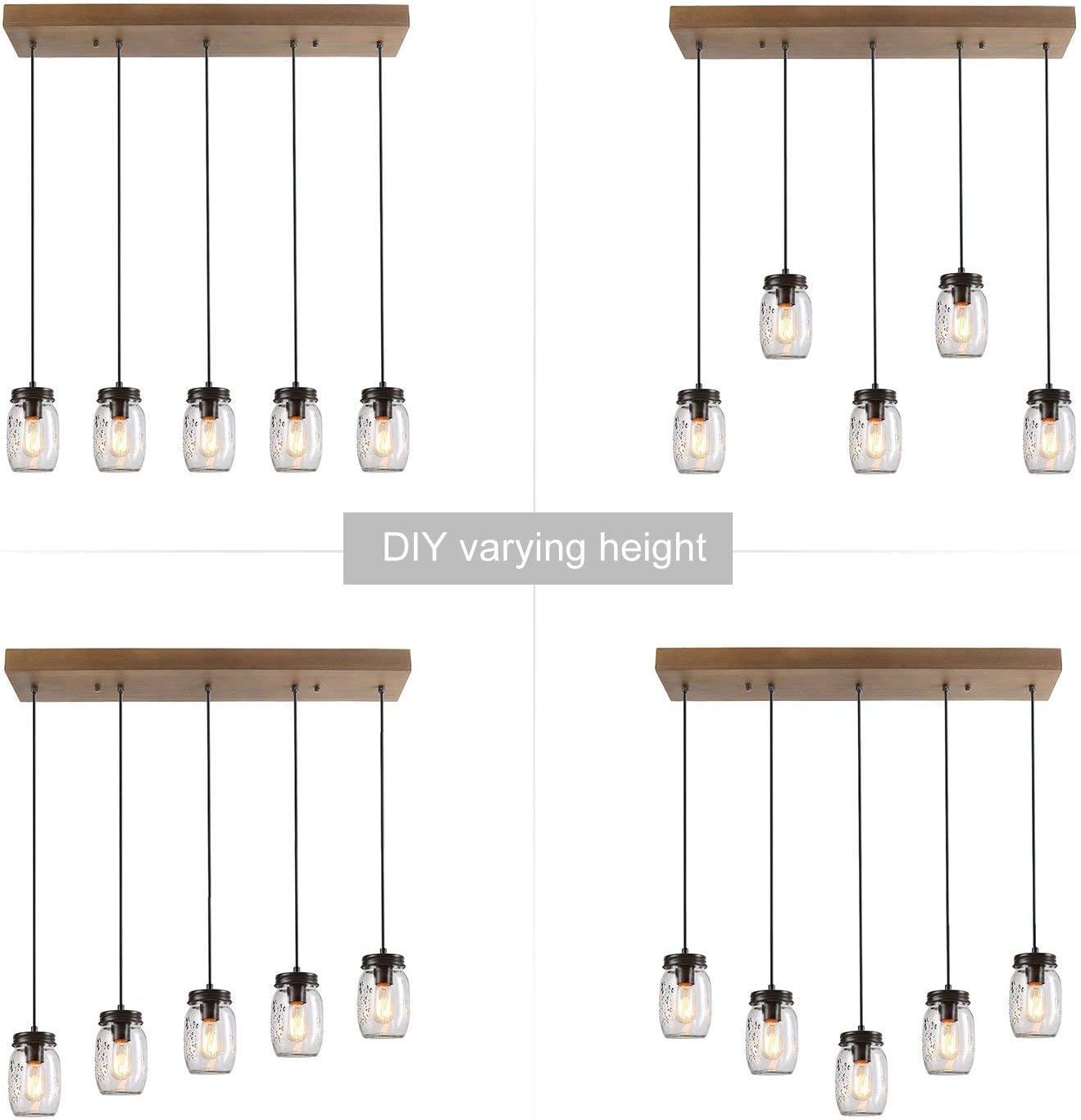 LNC Farmhouse Mason Jar Chandelier, 5-Light Adjustable Rustic Pendant Chandeliers Hanging Light Fixture for Kitchen Island and Dining Room Brown