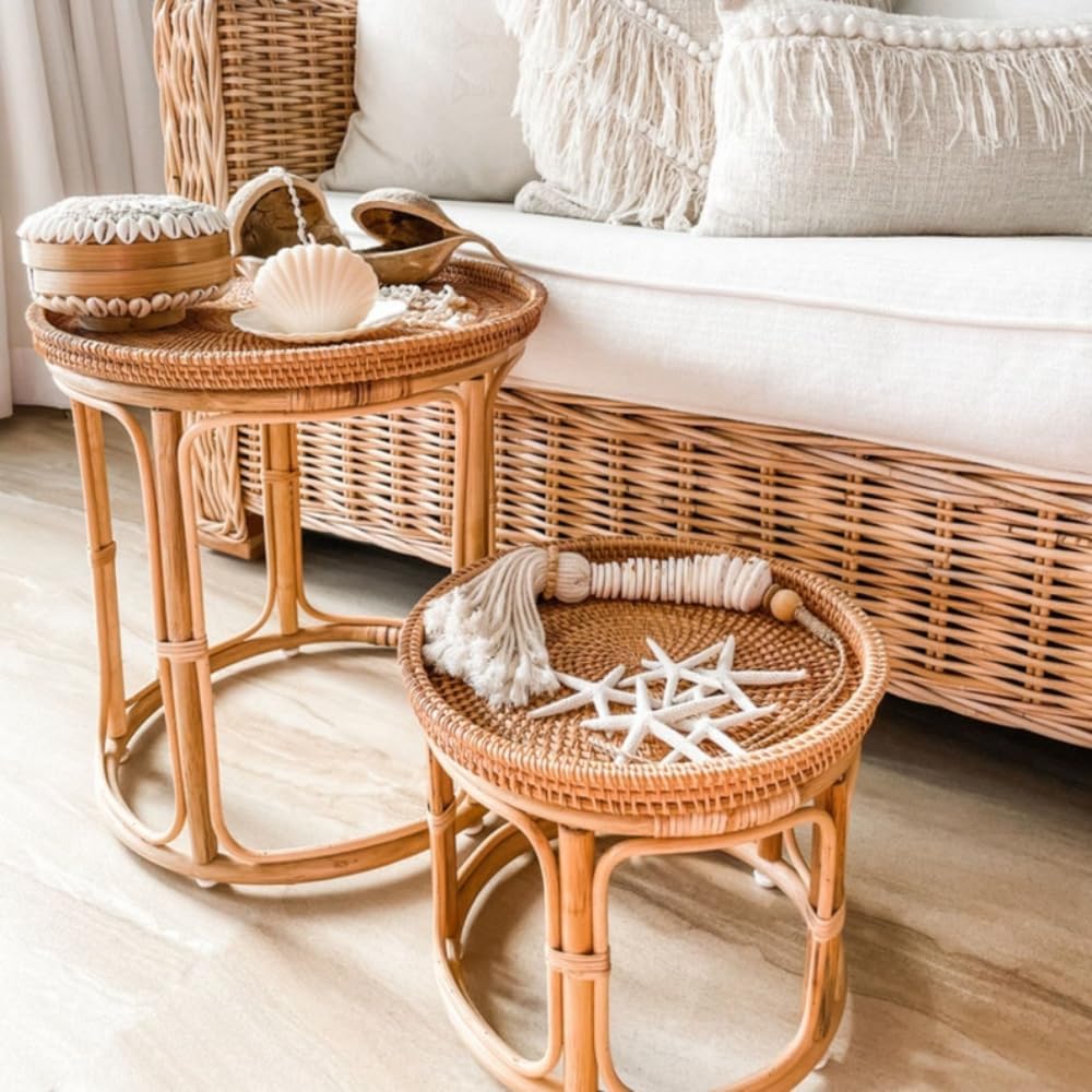 Rattan Side Table Table Set, Bedside Table Set, Minimalist Living Room Tables, Small Light Tables, End Table, Round Modern Coffee Table, Rattan Furniture, Coffee Table Nightstand for Living Room