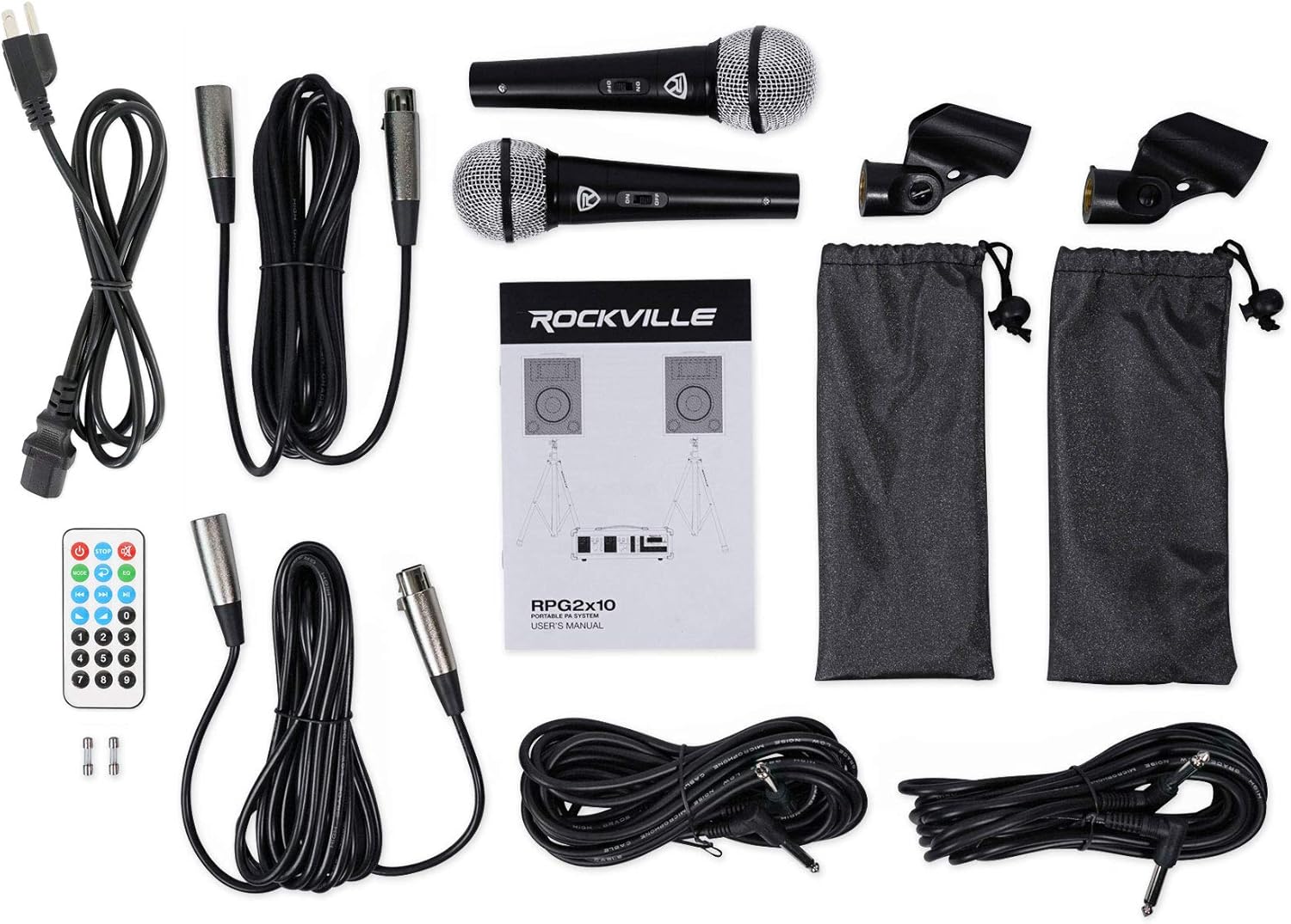Rockville Package PA System Mixer/Amp+10" Speakers+Stands+Mics+Bluetooth, (RPG2X10)