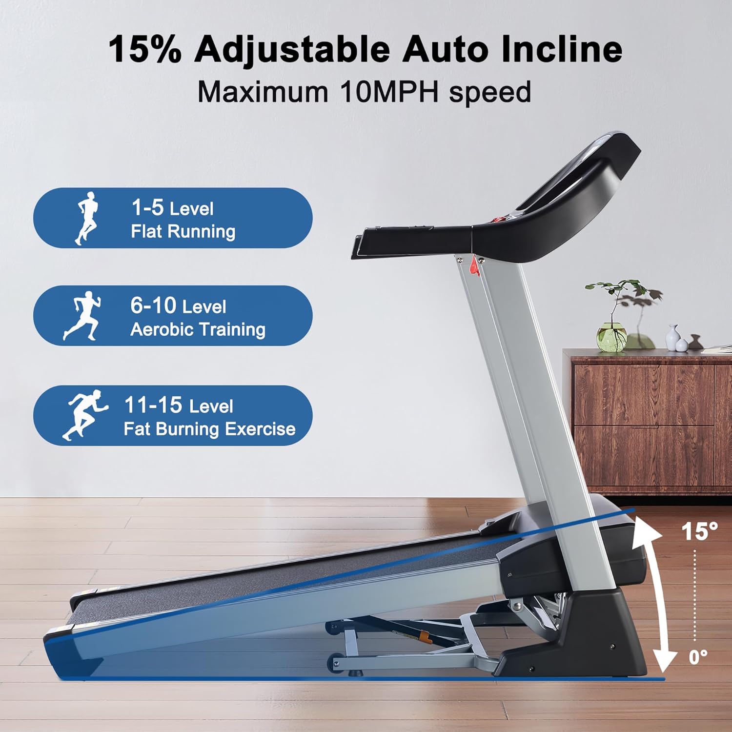 Treadmill with 15% Auto Incline and 350 LBS Capacity, 3.5 HP Folding Electric Treadmill Running Machine with Bluetooth Speaker for Home Use, 20" Wide Tread Belt, Max 10MPH Speed