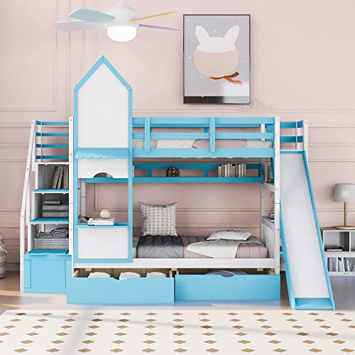 Twin Over Twin Floor Bunk Bed, Ladder with Storage, Wood Bunk Bed, Gray ，Queen Bed