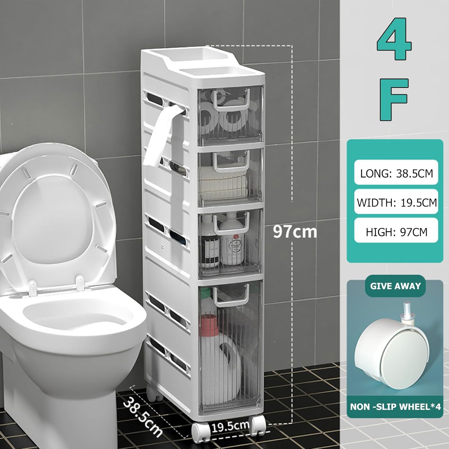 Standing Storage Cabinet 4 Tier Small Spaces Gaps Bathroom Storage Cabinet Side Narrow Organizer with Clear Drawers and Casters Bathroom Floor Cabinet for Kitchen, Bathroom, Bedroo