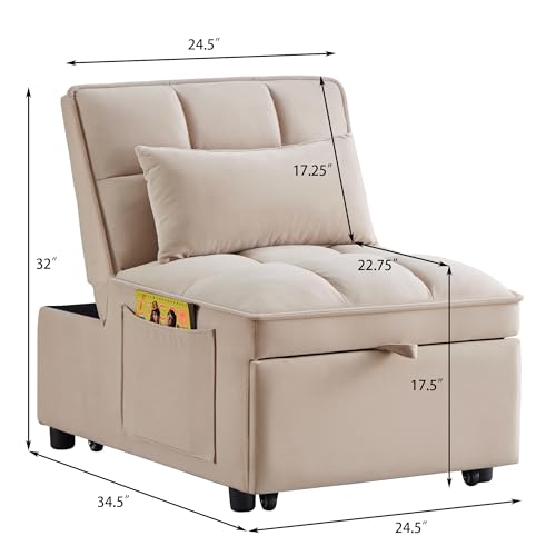 Sleeper Chair Bed, 4-in-1 Folding Convertible Chair Sofa Bed with Adjustable Backrest, Pull Out Sleeper Chair Bed with Storage Pockets, Modern Velvet Chaise Lounge (Taupe)