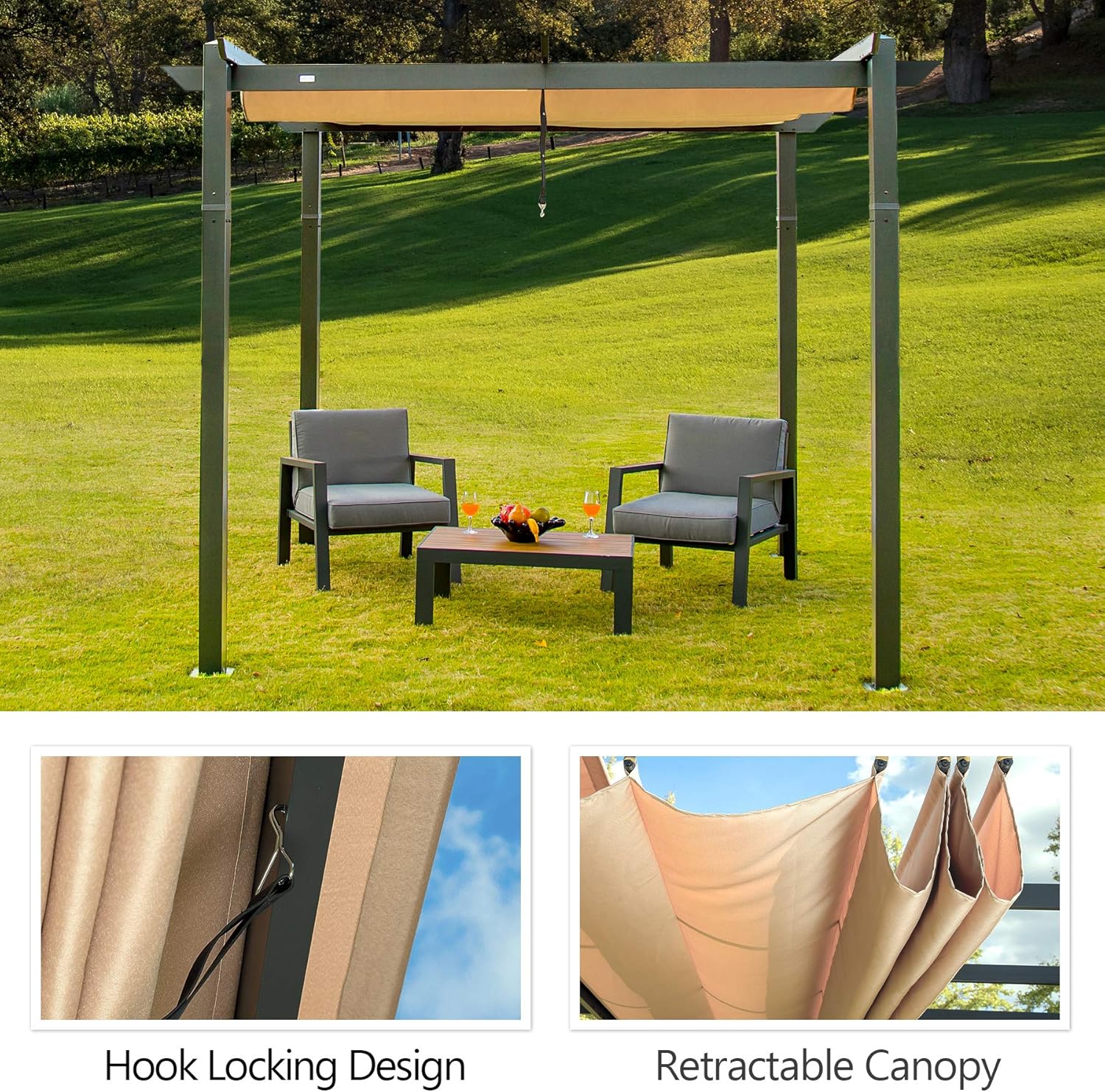 Outdoor Pergolas (2021 New) - Patio Aluminum Retractable Pergola Outdoor Gazebo Heavy Duty Grape Trellis Sunshade Canopy with Natural Wood Looking Finish by domi outdoor living (Martinique 10x13ft)
