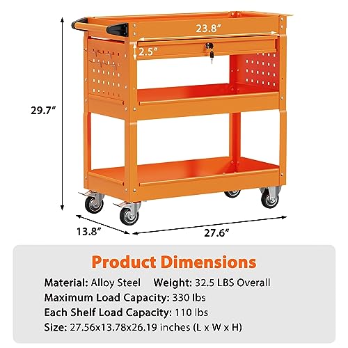 3-Tier Heavy Duty Utility Cart on Wheels, Rolling Tool Cart on Wheels with a Drawer, 350 Lbs Load Capacity Service Cart for Warehous, Garage and Repair Shop (Black)