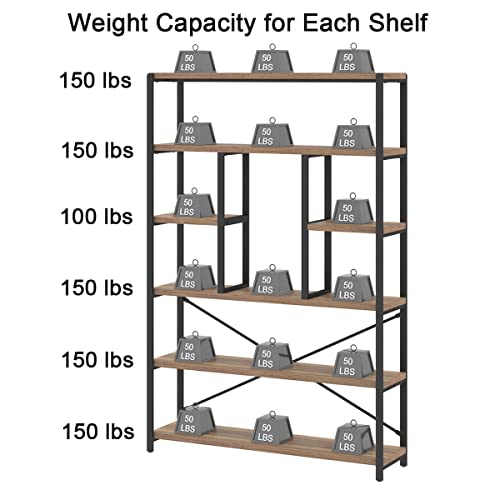 LVB Industrial Tall Bookshelf, Modern Wood Metal 6 Tier Book Shelf, Farmhouse Large 6 Shelf Etagere Bookcase, Open Wide Storage Bookshelves and Bookcases for Bedroom Living Room Office, Dark Gray Oak