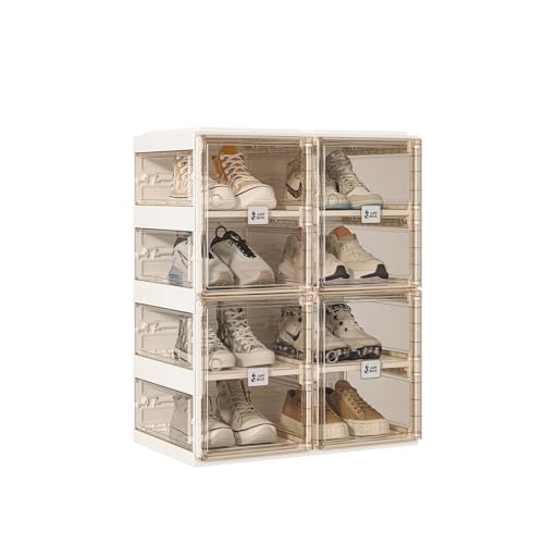 Foldable Shoe Rack,Shoe Organizers for Closet Plastic Shoe Storage Box Space Saving for Entryway, Large Sturdy Stackable Sneaker Cabinet Bins with Magnetic Clear Door 8 Tiers 16 Pairs