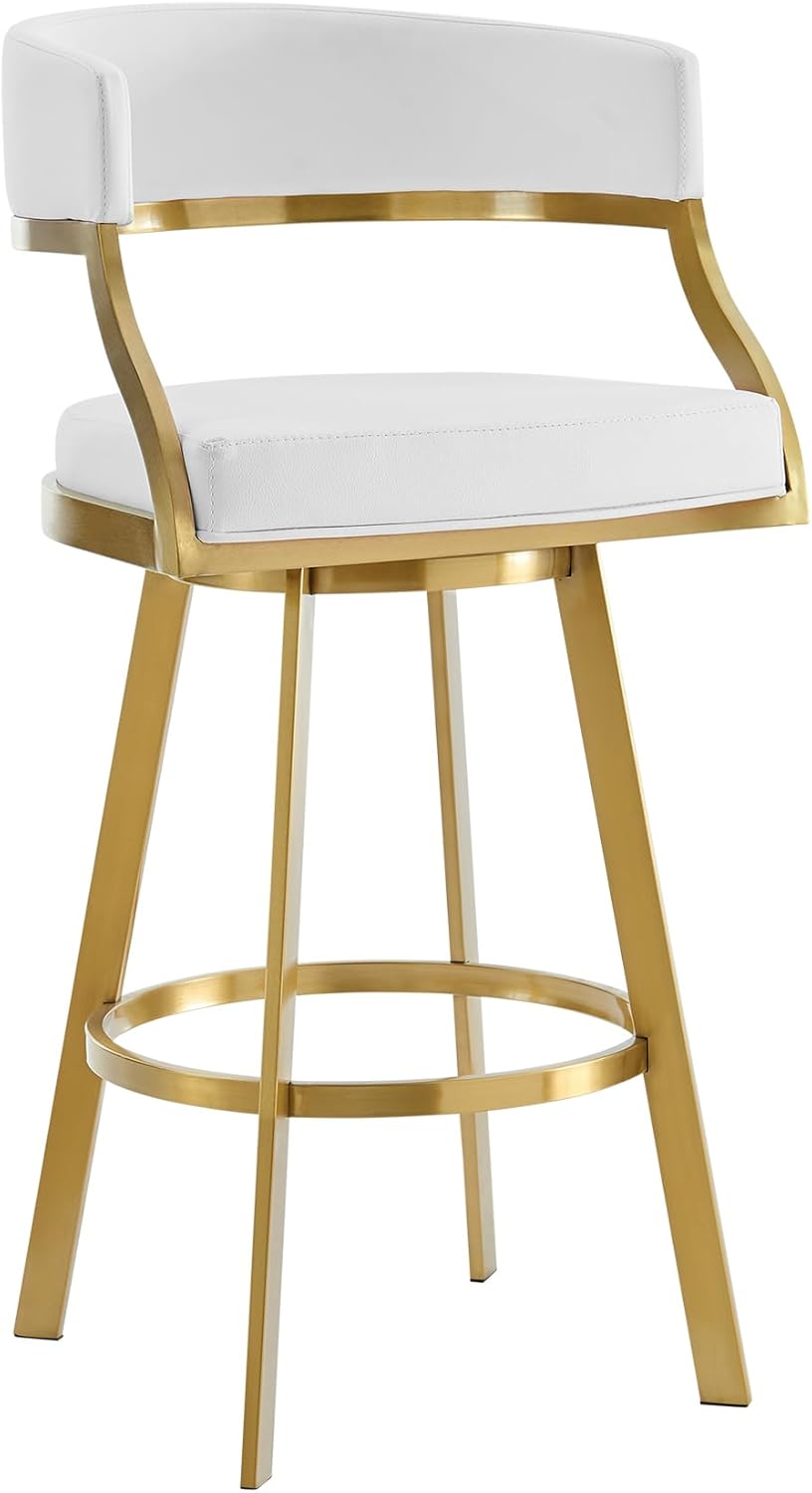 Armen Living Saturn 30" Swivel Bar Stool with Gold Brushed Stainless Steel and White Faux Leather
