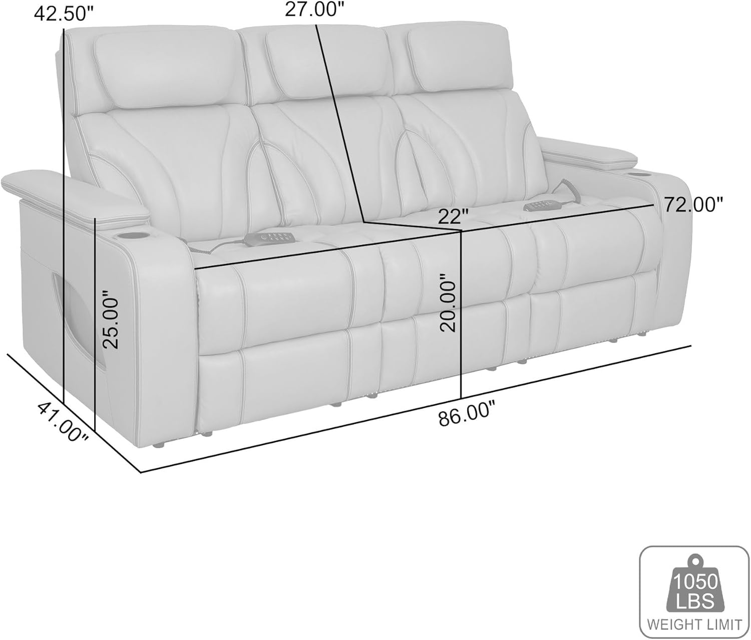 Armen Living Octavia Modern Zero Gravity Power Reclining Heated Massage Sofa, 86" Wide, Silver and Gray Top Grain Leather