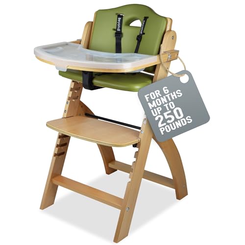 Abiie Beyond Junior Wooden High Chair with Tray - Convertible Baby Highchair - Adjustable High Chair for Babies/Toddlers/6 Months up to 250 Lbs - Stain & Water Resistant Mahogany Wood/Olive Cushion