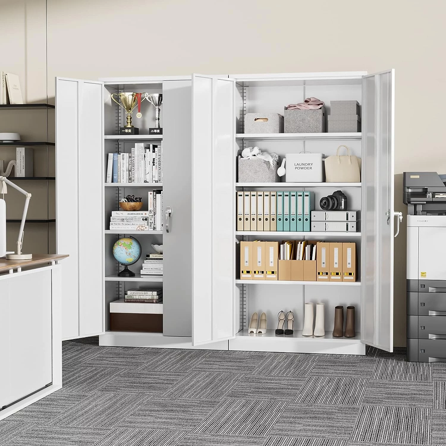 Metal Storage Garage Cabinets with Locking Doors and Adjustable Shelves, 72 inch Tall Steel Storage Cabinet for Office, Home (White)