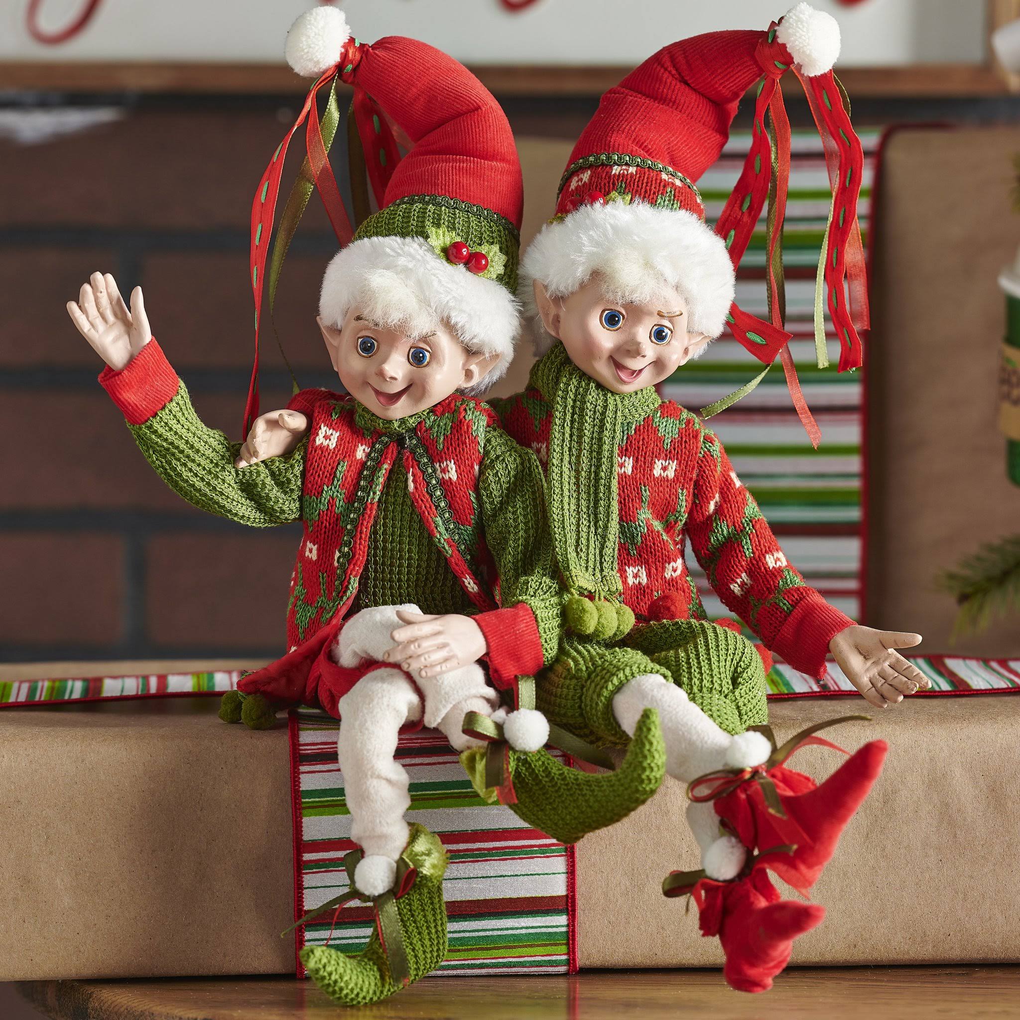 Raz Imports 16x22 Red and Green Holly Posable Elf Set