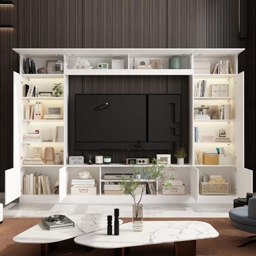 Entertainment Center with Bookshelves Modern Media Center with Open Shelves & Bridge TV Wall Unit with Doors, for Living Room White (81.1”W x 11.8”D x 70.9”H)