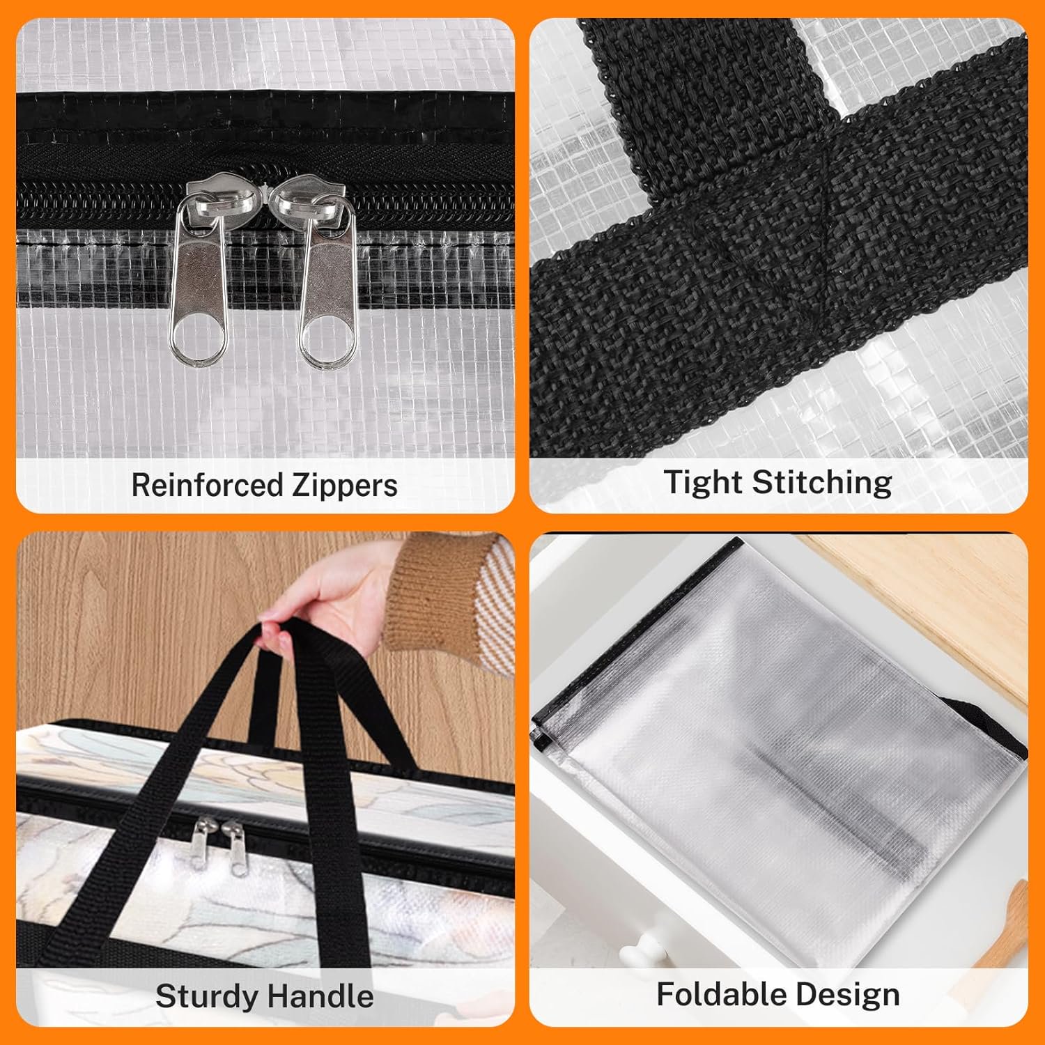 8 Pack Clear Clothes Storage Bags, Moving Bags, Foldable Blanket Storage Under Bed Storage Containers with Sturdy Zipper and Handle for Clothing, Comforter, Bedding, Sheet (90L)