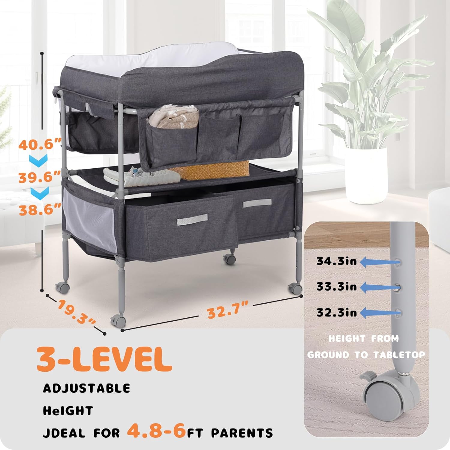 Baby Changing Table, Portable Changing Table with 2 Storage Baskets, Adjustable Heights, Foldable Changing Table Dresser with Soft Waterproof Changing Station for Newborns & Infant