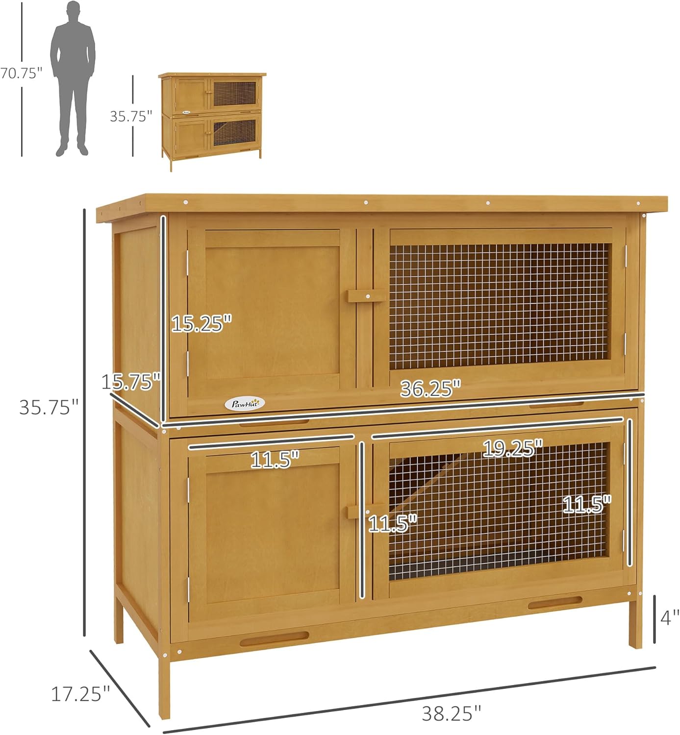 Wooden Bunny Rabbit Hutch, Small Animal Habitat with Ramp, Removable Tray & Weatherproof Roof, Indoor/Outdoor, Yellow