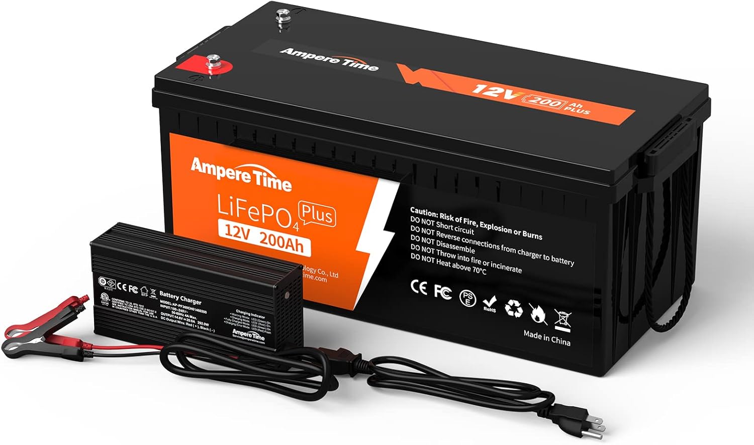 Ampere Time 12V 200Ah LiFePO4 Battery with 14.6V 20A Dedicated Lithium Battery Charger; Built-in 200A BMS, 4000+ Cycles, Perfect for RV, Solar, Marine, Overland, Off-Grid Application��