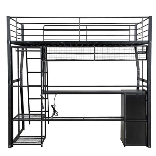 Bellemave Full Size Loft Bed with L-Shaped Desk, Full Metal Loft Bed with 6 Storage Shelves, LED Light, Charging Station, Loft Beds with Open Wardrobe, No Box Spring Needed Black