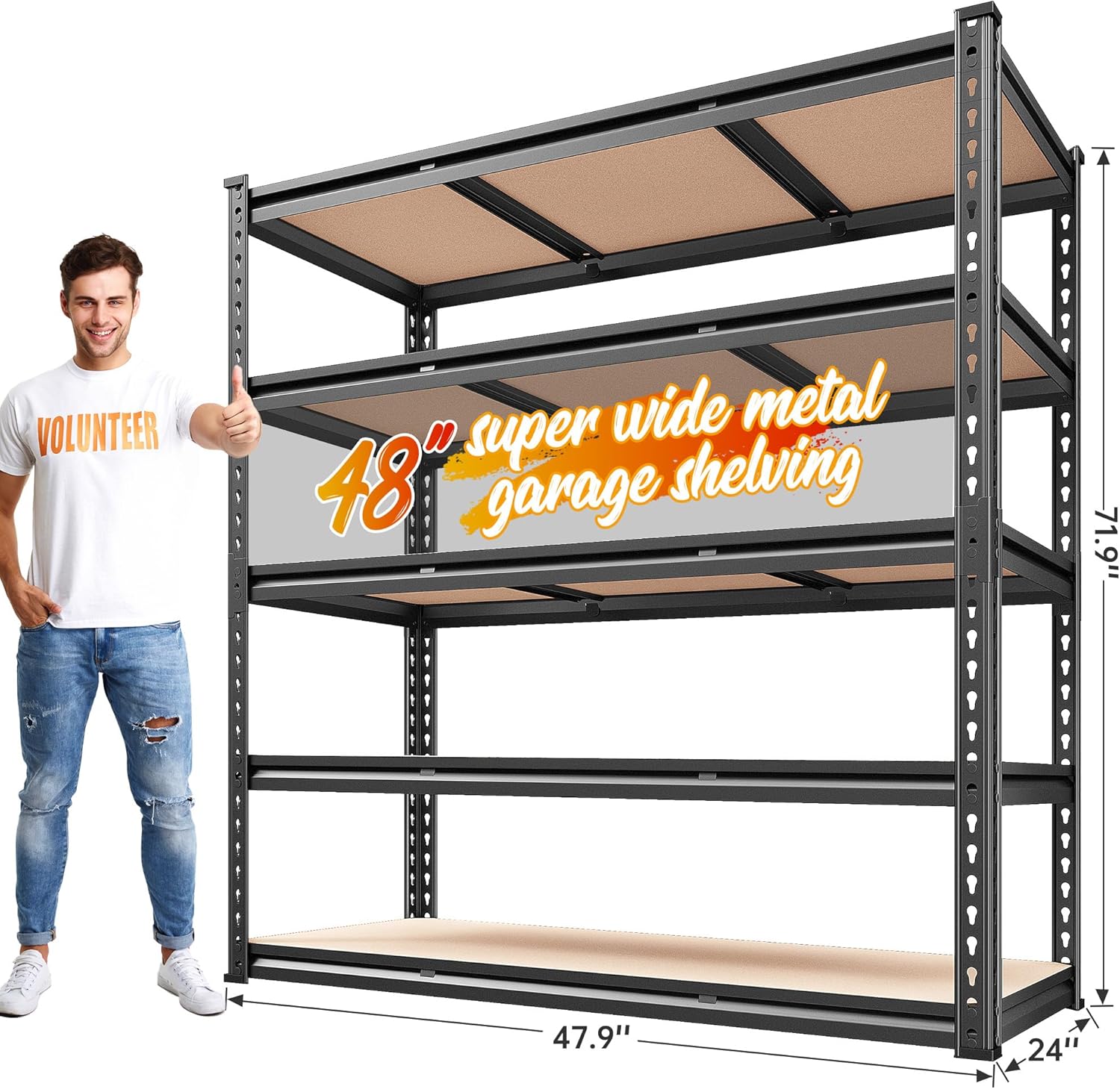 REIBII 48" W Garage Shelving Heavy Duty Storage Shelves 5 Tier 3020LBS Adjustable Shelves for Garage Storage Industrial,47.9" W X71.2 H X 24" D