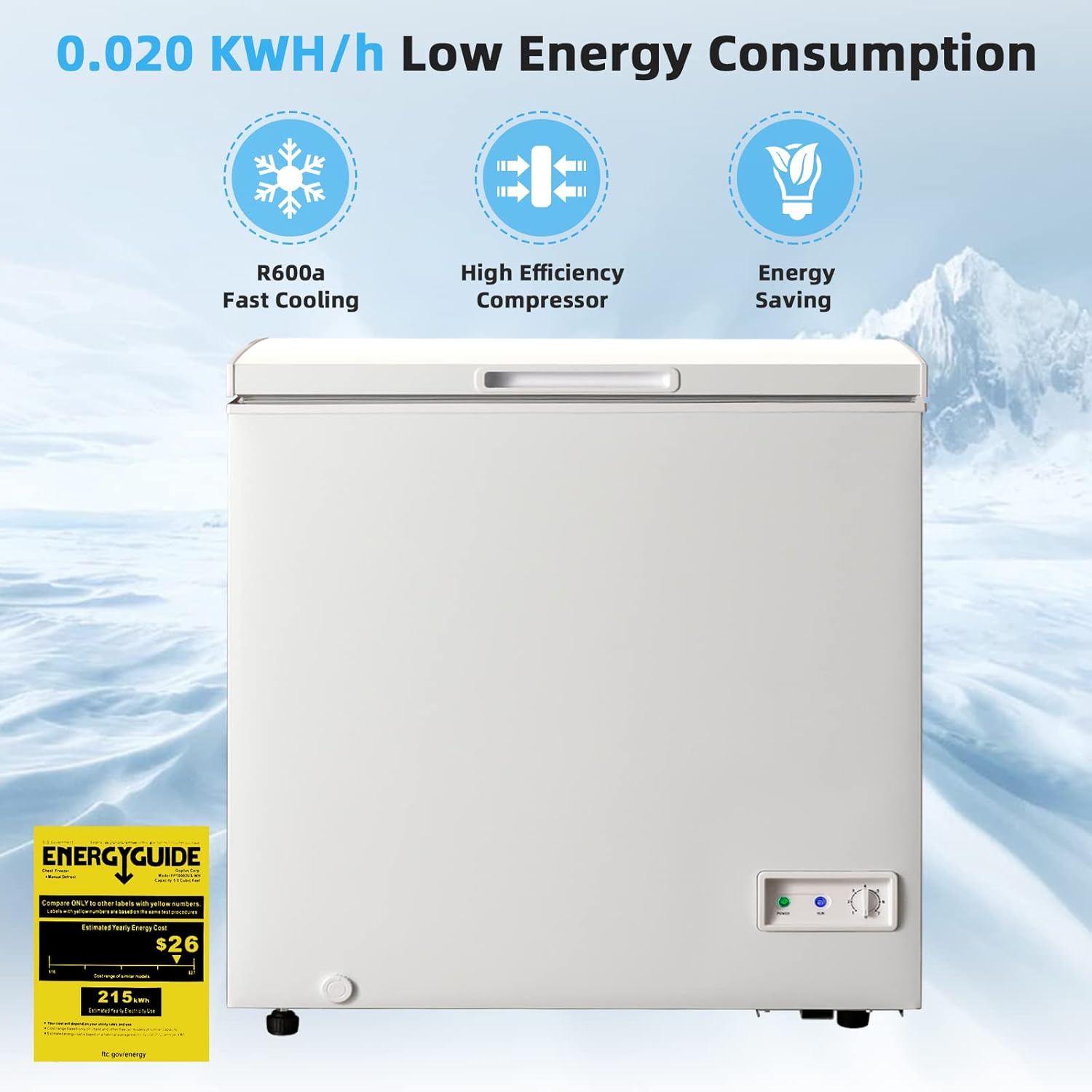 PETSITE 5 cu ft Chest Freezer, Compact Deep Freezer w/ 7-Grade Adjustable Temperature, Removable Storage Basket & 2 Wheels, Quiet & Energy-saving Freezer for Kitchen Apartment Office, White
