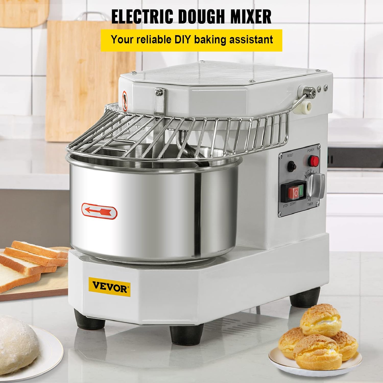 VEVOR Commercial Food Mixer, 7.3Qt Capacity, 450W Dual Rotating Dough Kneading Machine with Food-grade Stainless Steel Bowl, Security Shield & Timer Included, Baking Equipment for Restaurant Pizzeria