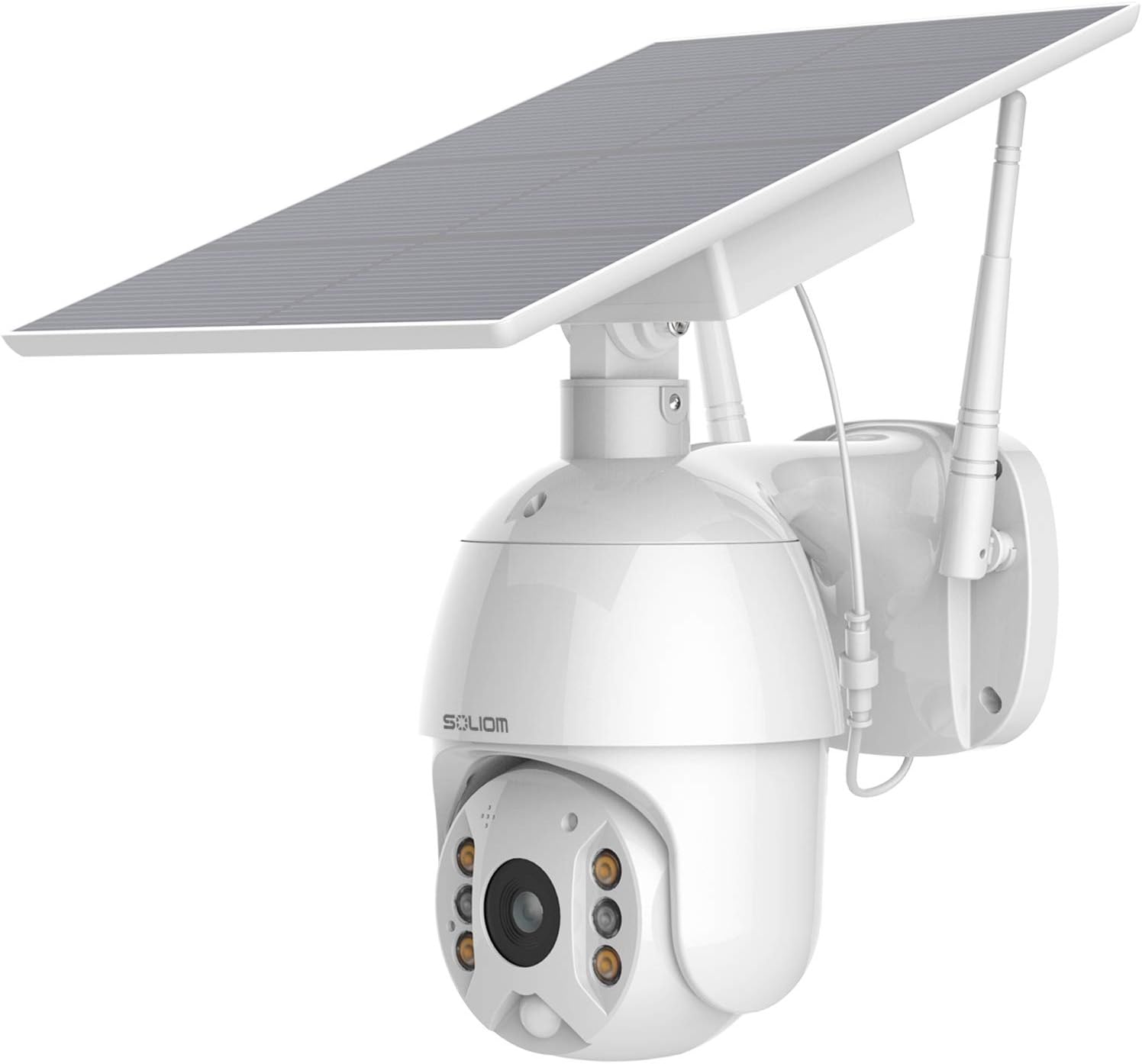 Soliom S600 Outdoor Home Security Camera, Wireless WiFi Pan Tilt 360° View Spotlight Solar Battery Powered System, Motion Detection and Siren, Color Night Vision, 2-Way Talk, Remote Access, Cloud/SD